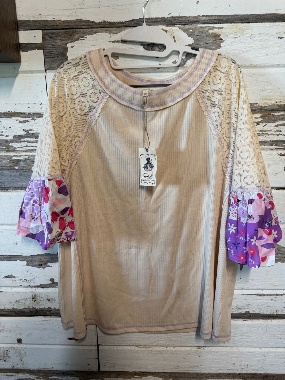 easel Cream Ribbed Top with Lavender Trim & Purple Floral Ruffle Sleeves
